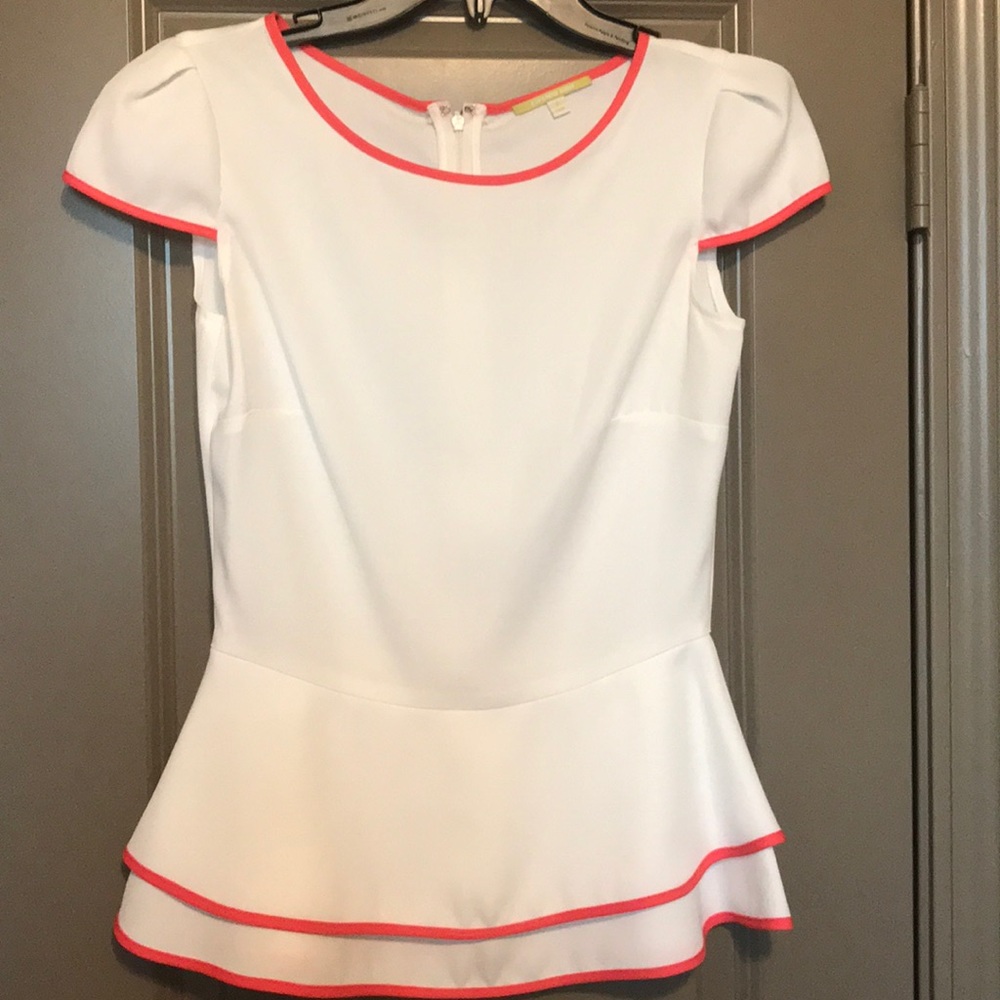 Gianni Bini White Peplum Top with Coral Piping